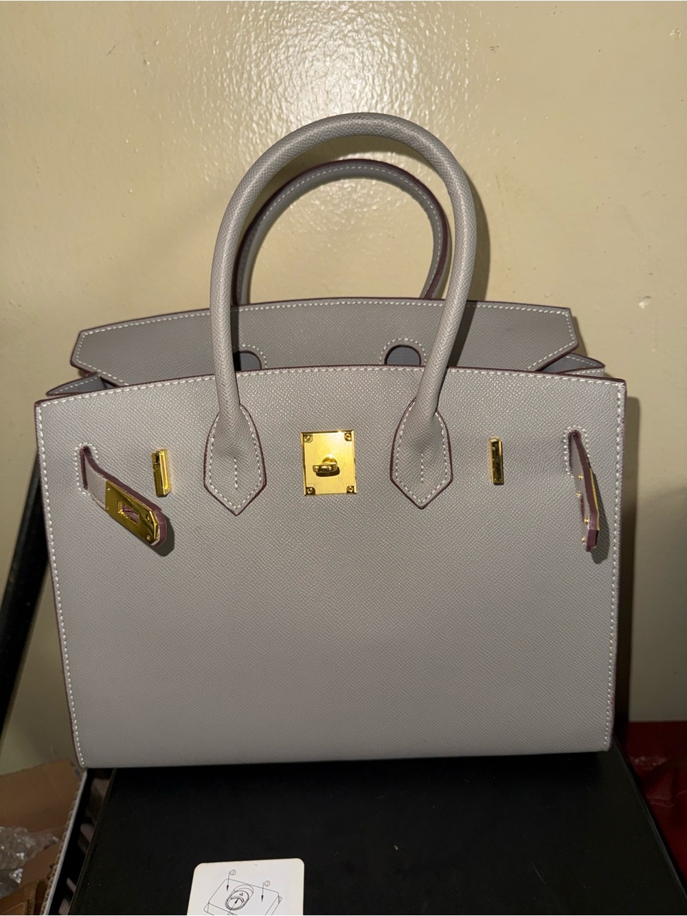 Structured Top-Handle Shoulder Bag in Light Gray with Gold Hardware